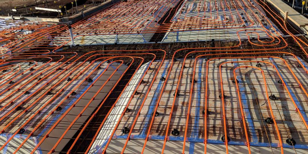 Hydrosol image of waffle pod with underfloor hydronic coils prior to concrete pour