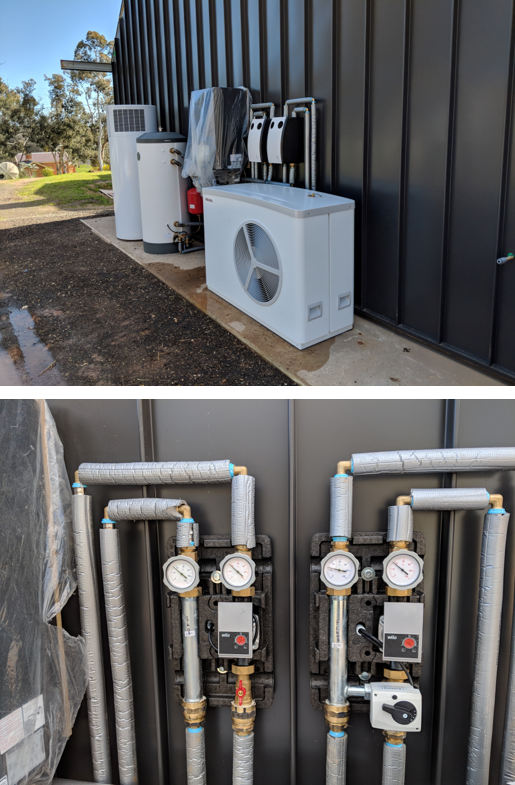 Hydrosol image showing outdoor equipment installed including two circulating pump sets for dual flow temperatures to radiators and underfloor pipes.