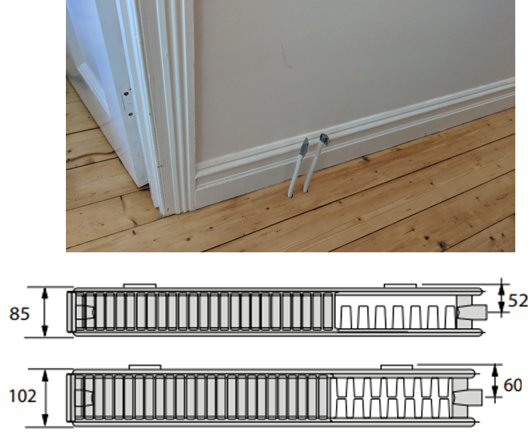 Insulated hydronic radiator pipes laid under the suspended floor, All-electric House Renovation