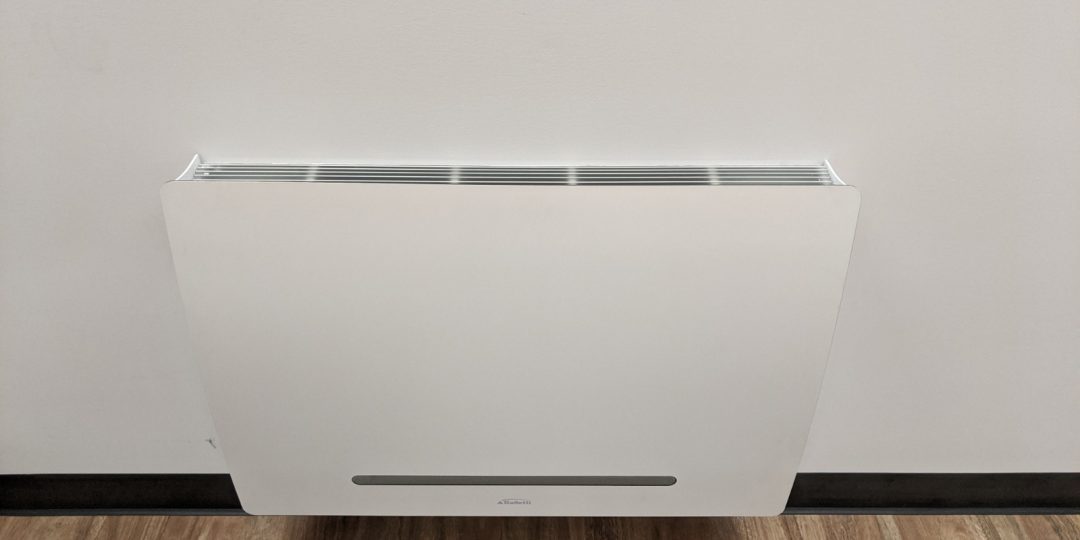 Example of an Galletti ART-U fan coil convector, which provides hydronic heating and effective cooling with chilled water below they dew point.